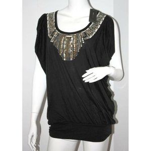 BCBG  Max Azria Goddess Embroidered Scoop Neck Beaded Top Black ( M )